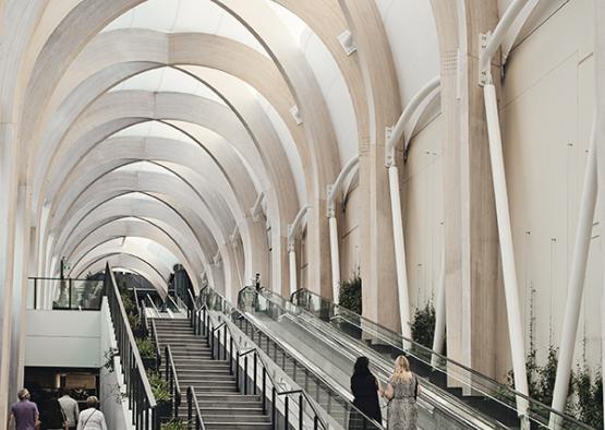 people walking on escalators in a building