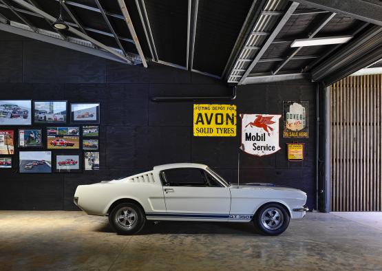 a white car in a garage