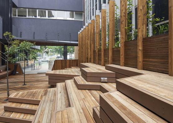 a wooden stairs in a building