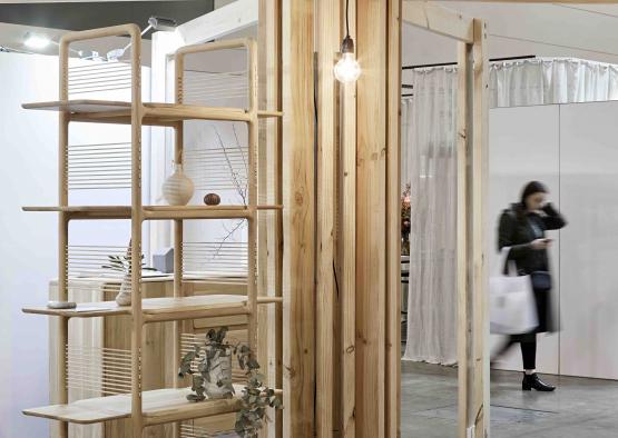 a wooden shelves in a room