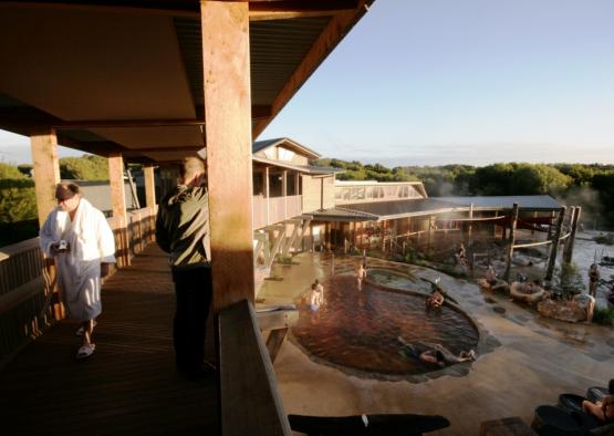 a group of people in a hot spring