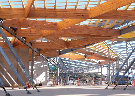 a construction site with wooden beams