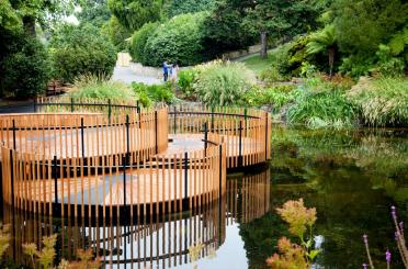 a circular wooden walkway in a pond